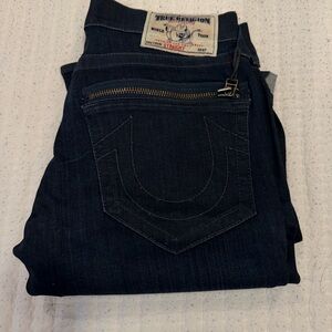 True Religion Indigo Blue Straight Leg Jeans with Printed Pocket Lining